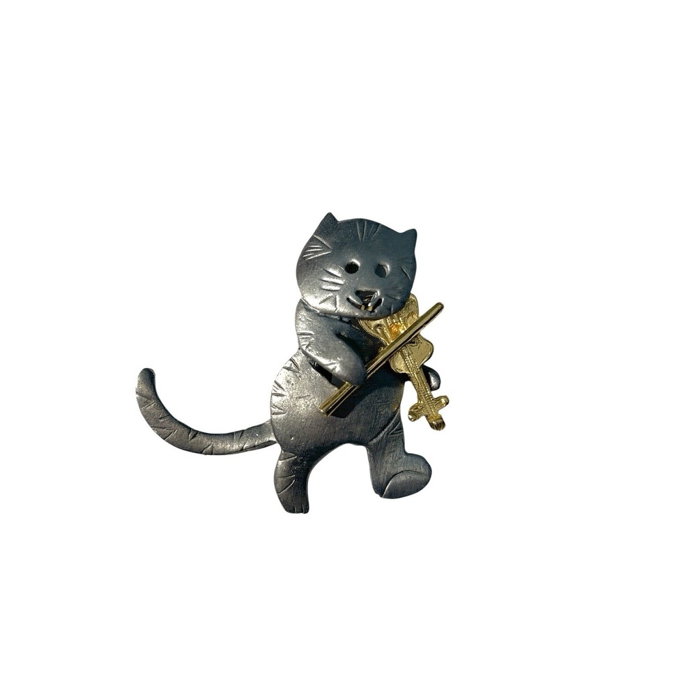 Vintage Signed Ultra Craft Pewter Cat Kitten Playing Gold Tone Violin Brooch Pin